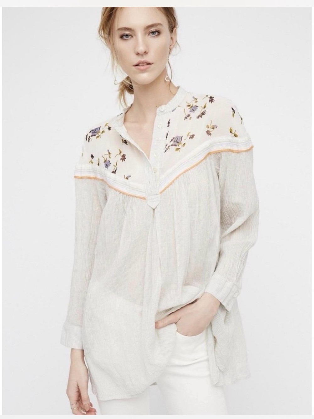 Free People Hearts and Color Tunic with Purple & Yellow Floral Yoke with pockets